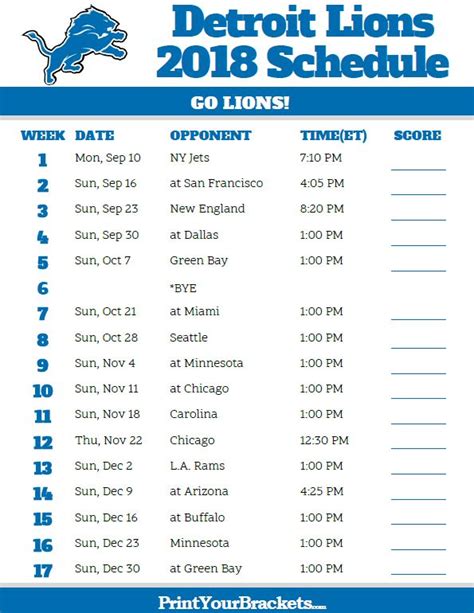 Printable 2018 Detroit Lions Football Schedule | Detroit lions football ...