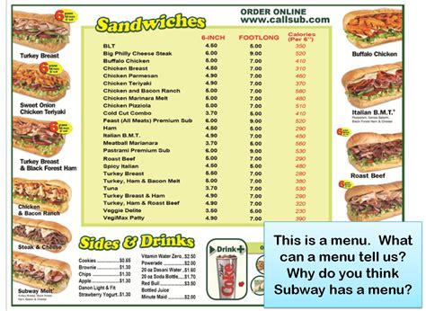 Printable Subway Menu 2023