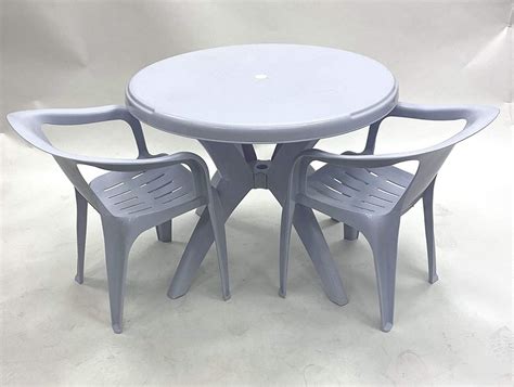 White Plastic Garden Furniture - Round Table, 2 x Statted Chairs