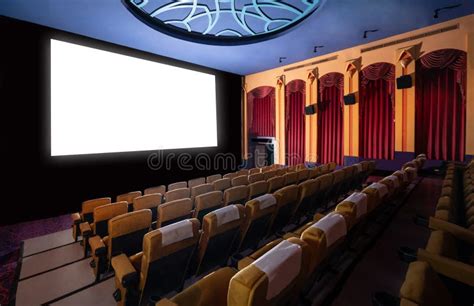 Cinema Theater Showing Empty White Movie Screen. Stock Image - Image of ...