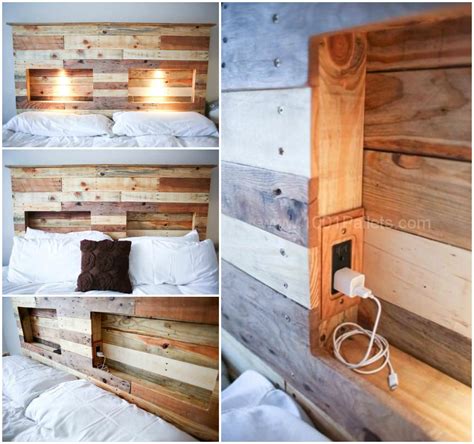 #Light, #PalletBed, #PalletHeadboard A cool headboard made from recycled pallets and with ...