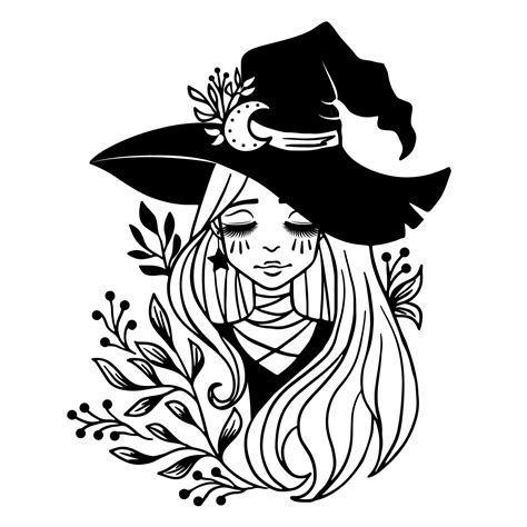 Beautiful witch in a classic hat with the moon and wild herbs on white ...