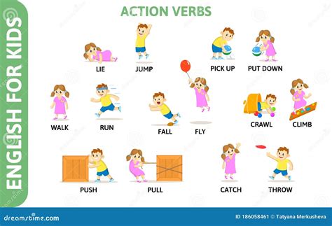 English for Kids Playcard. Action Verbs with Playing Characters. Word ...