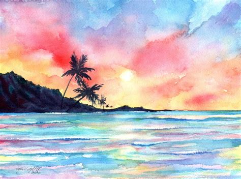 Watercolor Paintings Of Sunset Beaches