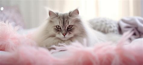 Premium AI Image | fluffy cat laying in bed with pink pillows