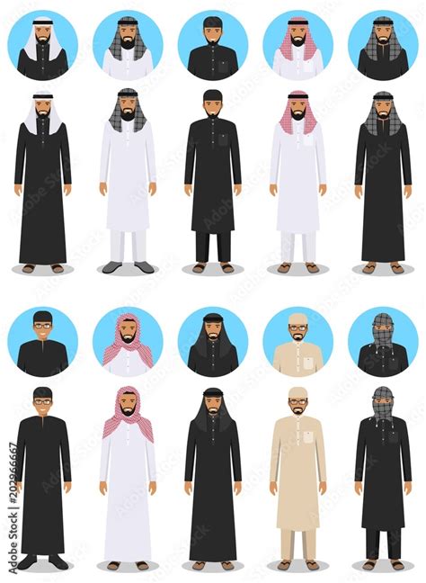 Set of different standing arab men in the traditional muslim arabic ...