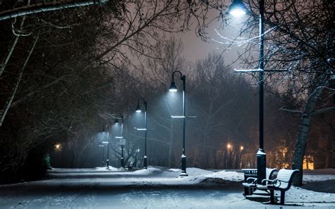 Park winter snow bench lights lamp post night path trail wallpaper | 1920x1200 | 46701 | WallpaperUP