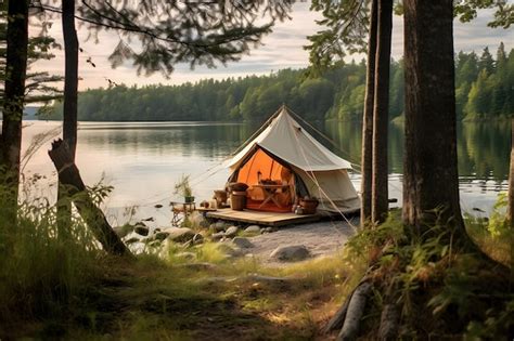 Premium AI Image | Camping on the shore of a lake with a tent