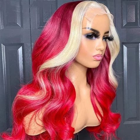 Human Hair Red Blonde Highlight Body Wave Lace Front Wig in 2022 | Red ...