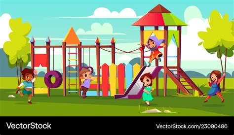 Kids playing on park playground cartoon Royalty Free Vector