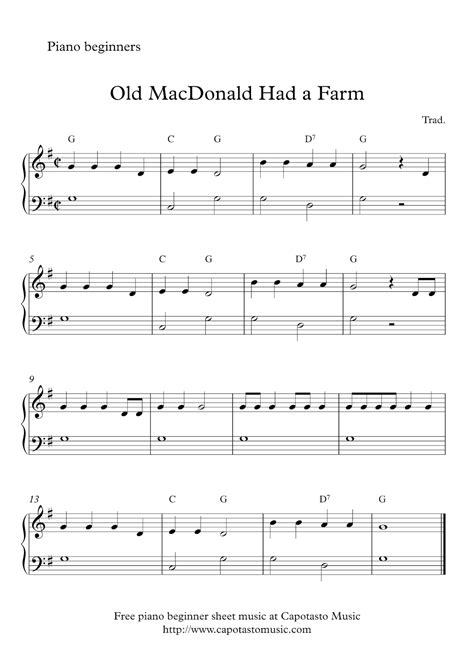 Free easy beginner piano sheet music - Old MacDonald Had a Farm