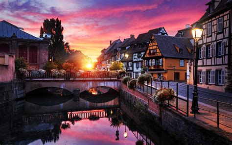 city, House, Reflection, Trees, France, Lantern, Street, Sky, Clouds, HDR, Street light, Europe ...