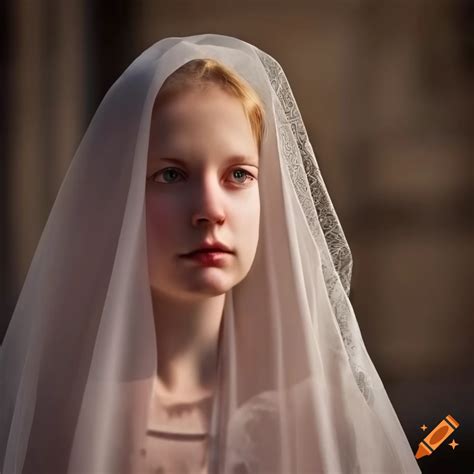 Young woman with strawberry blonde hair wearing a veil in medieval ...