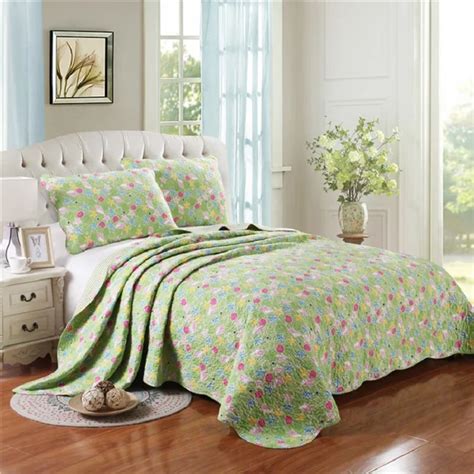 CHAUSUB New Green Quilt Set 3PCS Washed Cotton Quilts Bedspread Quilted Bed Cover Pillowcase ...