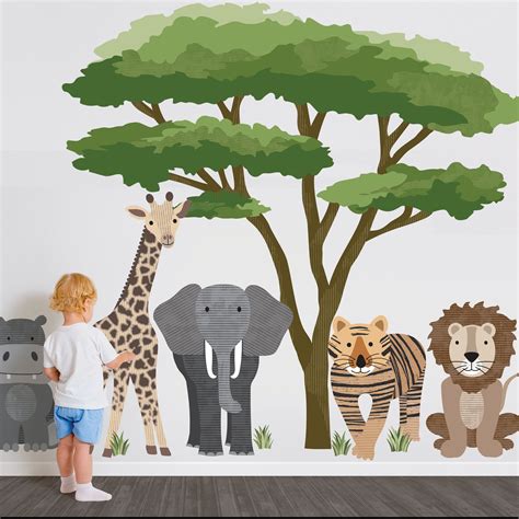 Large Safari Animal Wall Decals With Acacia Tree Nursery Wall - Etsy | Animal wall decals ...