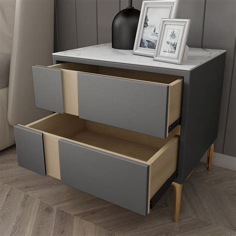 Deep Gray Bedroom Nightstand with 2-Drawer Modern Bedside Table Stone Top