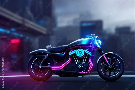 Spectacular digital art 3D illustration of a cyberpunk rider on a future bike or cruiser with a ...