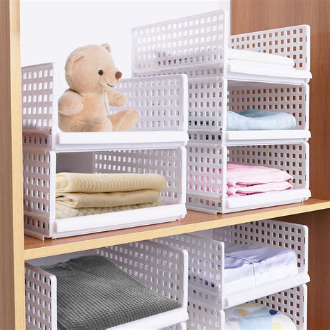 Buy Hossejoy 4 Pack Stackable Wardrobe Storage Organizer Plastic Detachable Shelves Drawers ...