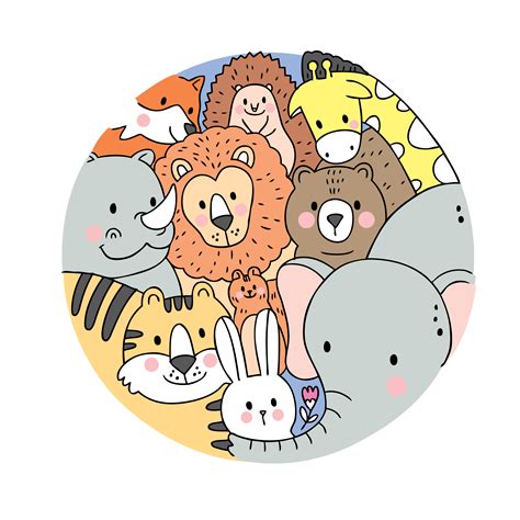 Cartoon cute face wildlife animals vector. Doodle circle frame. 621738 ...