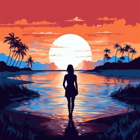 Premium AI Image | Retro sunset beach with woman