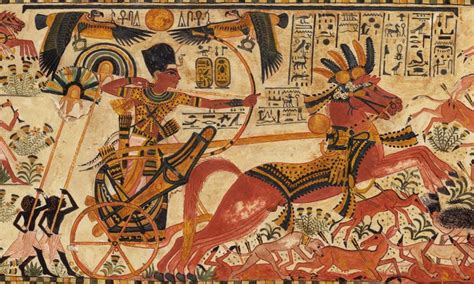 Tutankhamun hunting in his chariot pulled by two horses. The king is ...