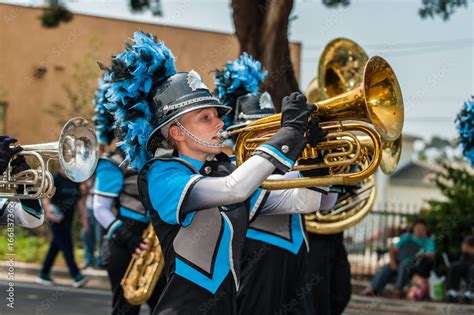 Marching band female baritone player in the number one position. Stock ...