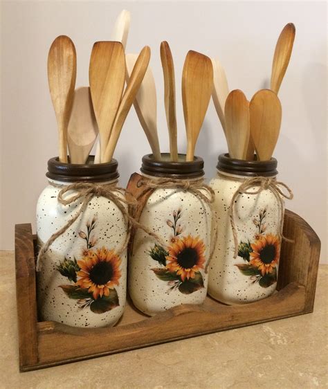 Mason Jar Utensil Holders,Sunflower Kitchen Decor,Mothers day gift,Hand ...