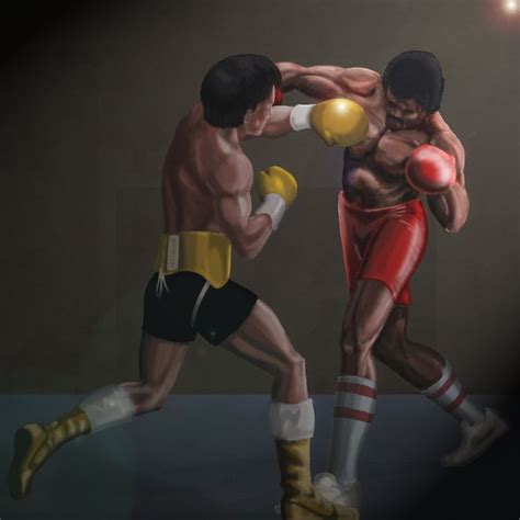 two men in boxing stances on a dark background