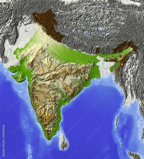 India, relief map, colored according to elevation Stock Illustration ...