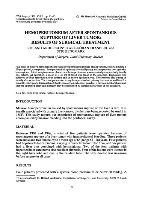 (PDF) Hemoperitoneum After Spontaneous Rupture of Liver Tumor: Results of Surgical Treatment