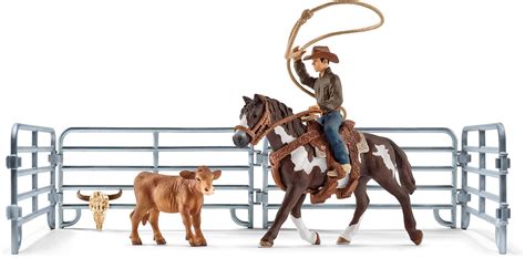 Amazon.com: Schleich Farm World, Rodeo Toys for Kids, Team Roping with Cowboy, Cow, and Horse ...