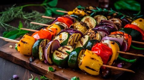 Premium Photo | Vegetable skewers with a variety of grilled vegetables generative ai