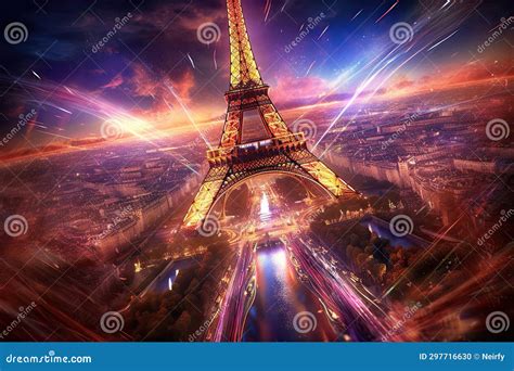 Eiffel Tower at Night with Festive Fireworks Stock Photo - Image of ...