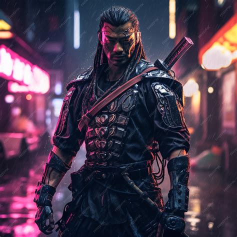 Premium AI Image | shot of samurai Cyberpunk samurai surrounded by city neon lighting