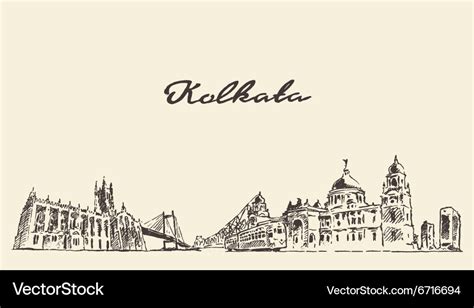 Kolkata skyline vintage drawn Royalty Free Vector Image