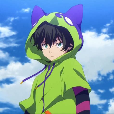 an anime character wearing a green hoodie and cat ears, with blue skies ...