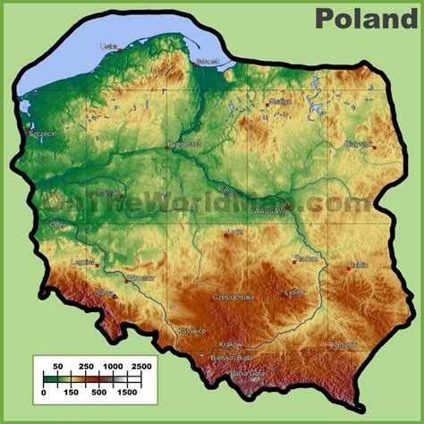 Poland Physical Map with Major Cities and Towns