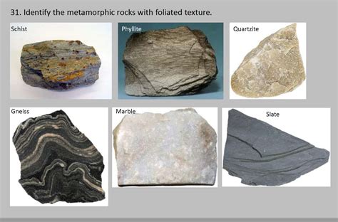 Solved 31. Identify the metamorphic rocks with foliated | Chegg.com