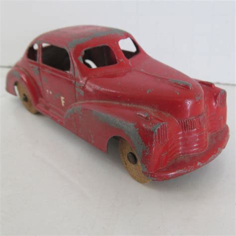 Art Deco Toy Car Coupe Chippy Red Pain Wooden Wheel Cars - Etsy