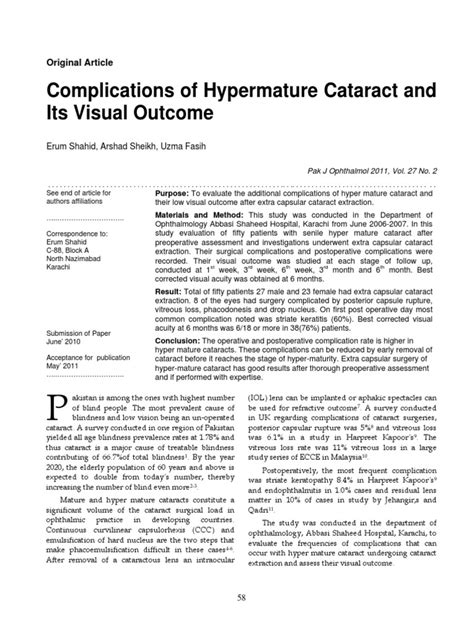 Complications of Hypermature Cataract and Its Visual Outcome | PDF | Ophthalmology | Vision