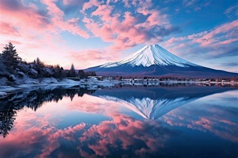 Mt Fuji at Kawaguchiko lake in Japan. Beautiful scenic landscape of mountain Fuji or Fujisan ...