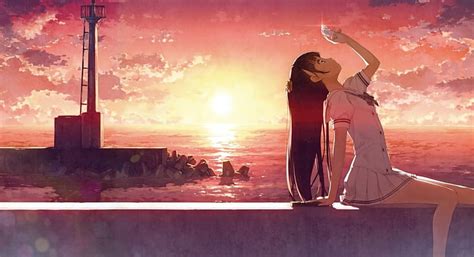 Sunset, beach, pretty, girl, anime, sea, HD wallpaper | Peakpx