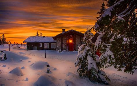 Winter, snow, cold, night, house, lights, trees wallpaper | travel and world | Wallpaper Better