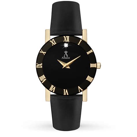 Allurez Women's Black Dial & Leather Strap Stainless Steel Watch - AW110