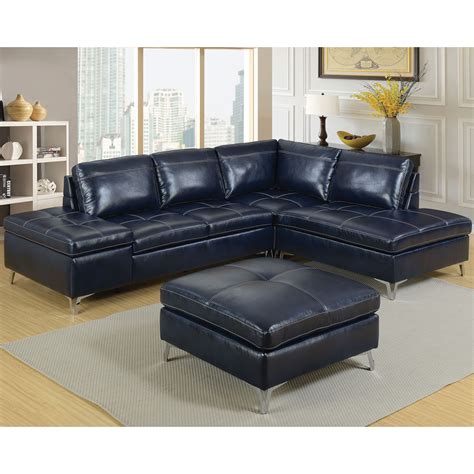 Furniture of America Brandon Modern Leather Sectional Sofa with Ottoman, Navy Blue - Walmart.com ...