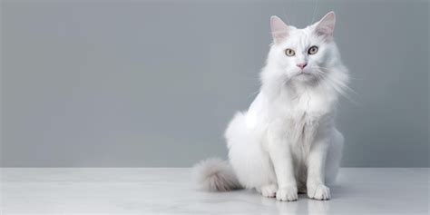 Premium AI Image | A beautiful white turkish angora cat sitting on grey floor with copy space ...