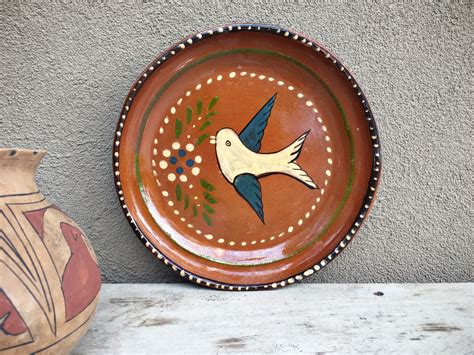 Mexican Pottery Plate Bird Decor Capula Michoacan Redware Mexican Decor, Folk Art Plate