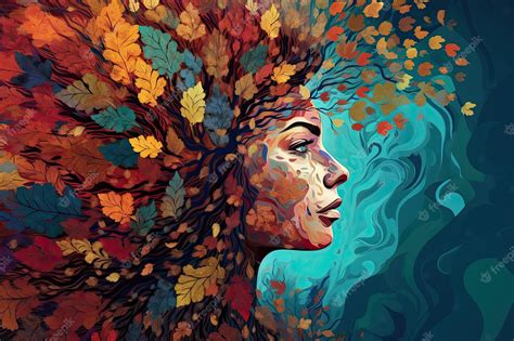 Premium Photo | Vibrant female head with multicolored tree leaves ...