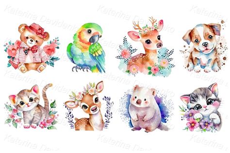 Colorful watercolor cute cartoon animals and pets clipart