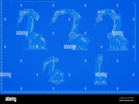 3d rendering robotic arm blueprint with scale on blue background Stock Photo - Alamy